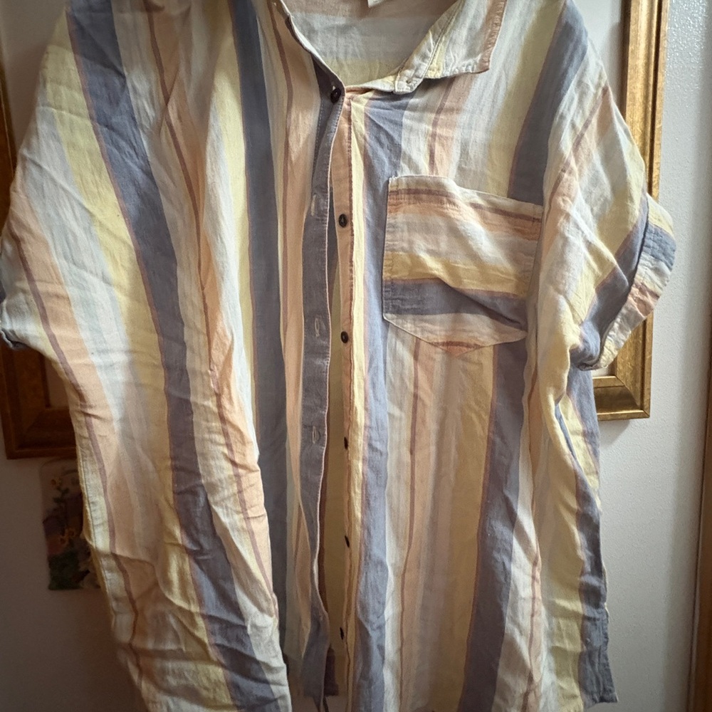 a.n.a Vertical Striped Button-Down Shirt in Blue, Yellow & Cream